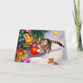 Cartão De Festividades Gatinho Fofo Balançando nos Enfeites da Árvore de
