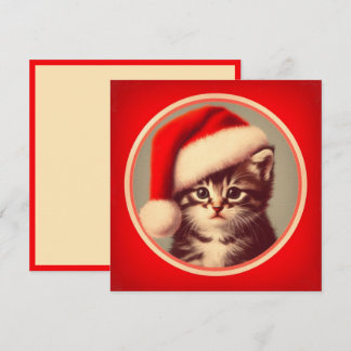 Cartão De Festividades Gatinho Fofo com Chapéu de Papai Noel Vermelho Ret
