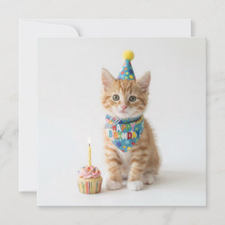 Cartão De Festividades Gatinho fofo com um cupcake. Feliz Aniversário.