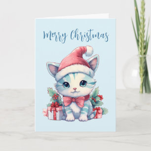 Cartão De Festividades Gatinho Fofo de Chapéu de Papai Noel Natal