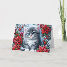 Cartão De Festividades Gatinho Fofo e Poinsettia