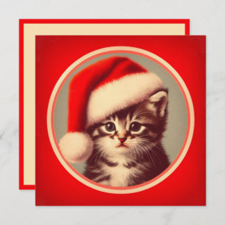 Cartão De Festividades Gatinho giro em Santa Hat, Retro Vermelho