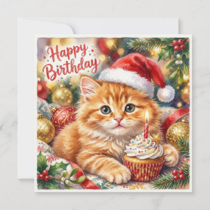 Cartão De Festividades Gatinho laranja com cupcake no chapéu de Papai Noe