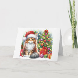 Cartão De Festividades Gatinho Maine Coon Sentado Perto da Árvore de Nata