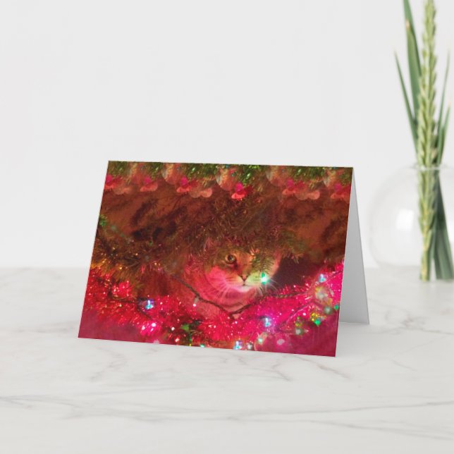 Cartão De Festividades Gatinho Na Árvore De Natal (Frente)