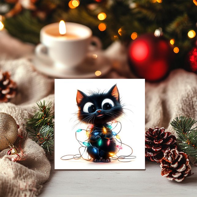 Cartão De Festividades Gatinho Preto Alegre Amarrado em Luzes de Natal (Criador carregado)
