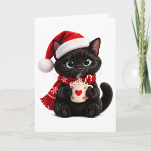 Cartão De Festividades Gatinho Preto Chapéu de Papai Noel Cacau Quente Na