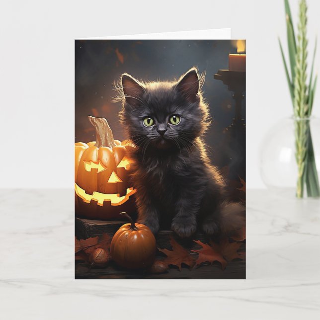 Cartão De Festividades Gatinho Preto Com Halloween De Pumpkin (Frente)
