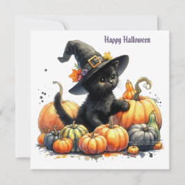 Cartão De Festividades Gatinho Preto de Halloween com Abóboras e Chapéu d