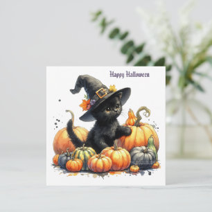 Cartão De Festividades Gatinho preto de Halloween com abóboras e chapéu d