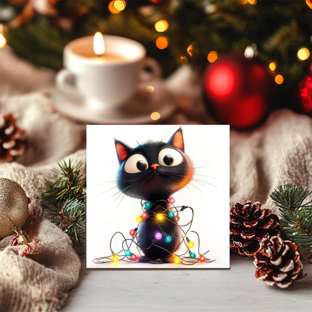 Cartão De Festividades Gatinho Preto Jovial com Luzes Festivas de Natal (Criador carregado)