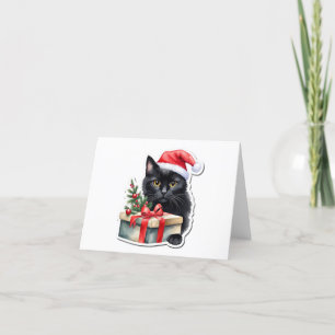 Cartão De Festividades Gatinho Preto Tímido de Papai Noel com Presente EM