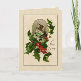 Cartão De Festividades Gatinho Vintage Clássico e Natal Holly
