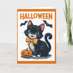 Cartão De Festividades Gatinho Vintage de Halloween com Morcegos e um Laç