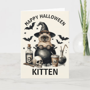 Cartão De Festividades Gatinho Vintage Fofo num Halloween de Caldeirão