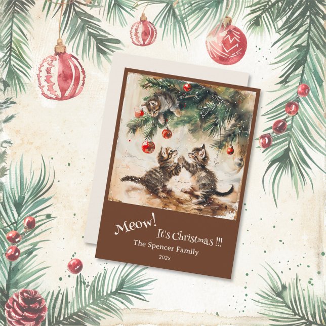 Cartão De Festividades Gatinhos bonitos na árvore de Natal (Cute Kittens Christmas Tree Flat Card)