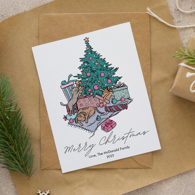 Cartão De Festividades Gato Adorável e Árvore para Cães Presente para Ama (Criador carregado)