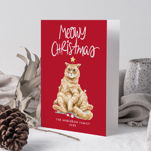 Cartão De Festividades Gato Aquarela Fofo Natal Meowy Não-Foto