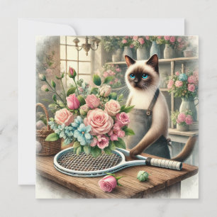 Cartão De Festividades Gato arranjando flores bonitas para jogador de Tên