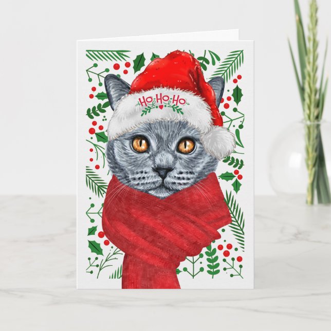 Cartão De Festividades Gato Azul Russo num Natal Feliz Natal (Frente)