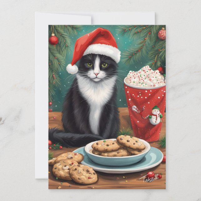 Cartão De Festividades Gato bonito com biscoitos e Chapéu Santa (Frente)