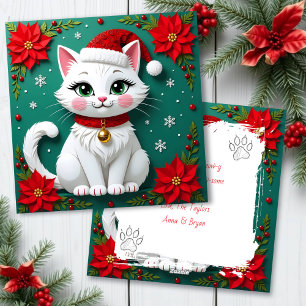 Cartão De Festividades Gato Branco de Natal com Chapéu de Papai Noel Feri
