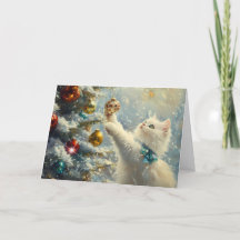 Gato Branco Fofo e Árvore de Natal