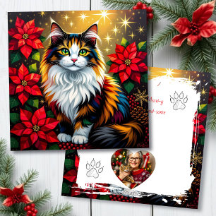 Cartão De Festividades Gato Calico com Poinsettias Natal Personalizado