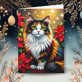 Cartão De Festividades Gato Calico com Poinsettias Natal Personalizado