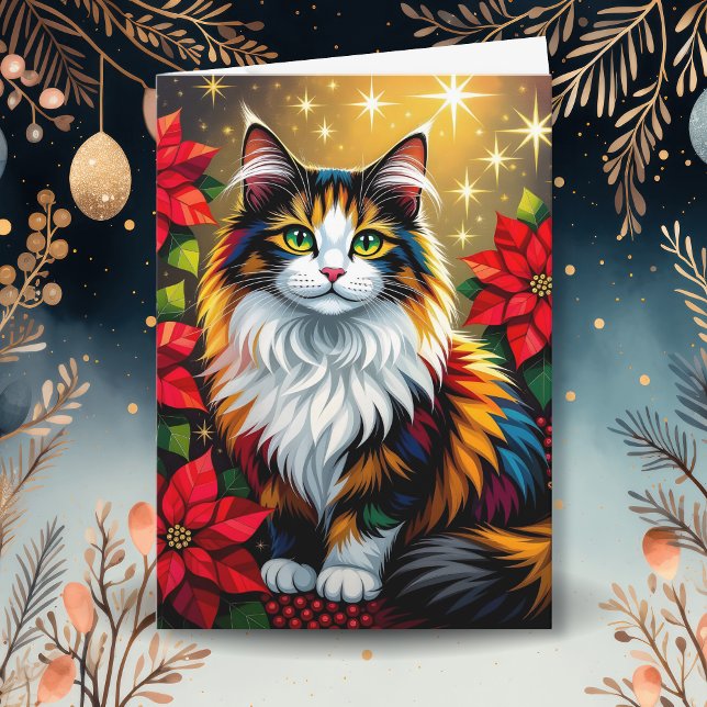 Cartão De Festividades Gato Calico com Poinsettias Natal Personalizado (Criador carregado)