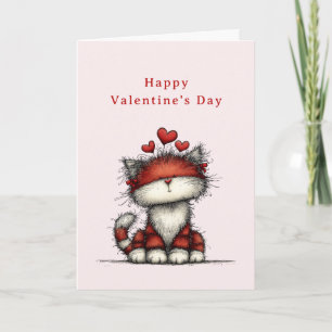 Cartão De Festividades Gato com Corações de Amor Vermelhos Fofo Divertido
