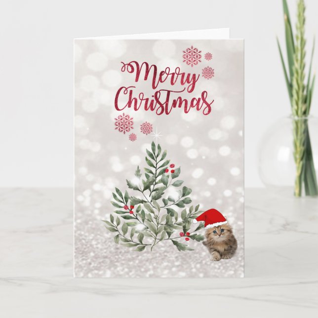 Cartão De Festividades Gato com Santa Hat, Ramais Árvores, Glittery Bokeh (Frente)