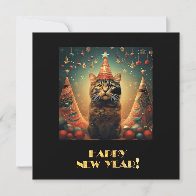 Cartão De Festividades Gato de Ano Novo Feliz (Frente)