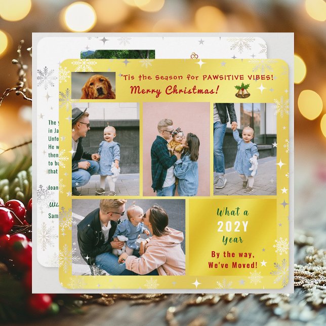 Cartão De Festividades Gato de Cachorro Engraçado Mudamos o novo Ouro de  ('Tis the Season for Pawsitive Vibes Funny Cute Elegant Dog Cat 6 Photos Christmas We've Moved Golden)
