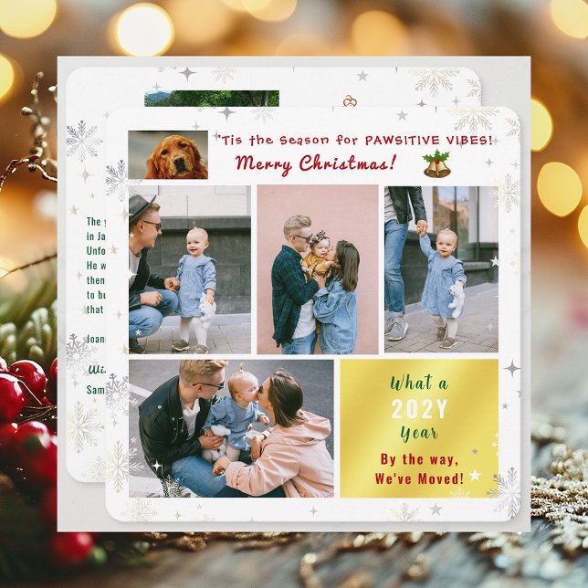 Cartão De Festividades Gato de Cachorro Engraçado Nós mudamos novas fotos ('Tis the Season for Pawsitive Vibes. Funny Cute Modern Dog Cat 6 Photos Christmas Card We've Moved)