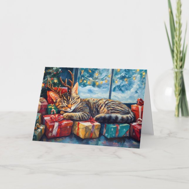 Cartão De Festividades Gato De Dormir Bastante Sob Árvore De Natal (Frente)