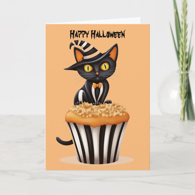 Cartão De Festividades Gato de Halloween com um muffin (Frente)
