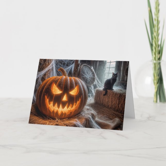 Cartão De Festividades Gato de Halloween Jack-o-Lanterna e Black Barn (Frente)