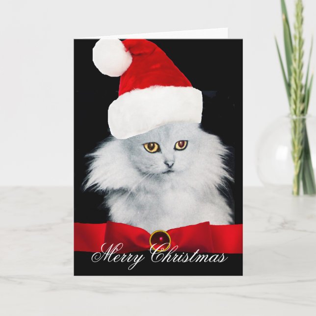 CARTÃO DE FESTIVIDADES GATO DE NATAL BRANCO COM CHAPÉU DE SANTA CLAUS (Frente)