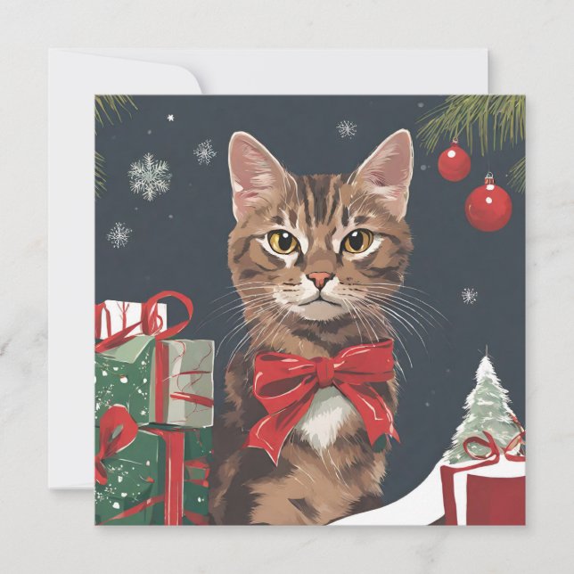 Cartão De Festividades Gato de Natal com Presentes  (Frente)