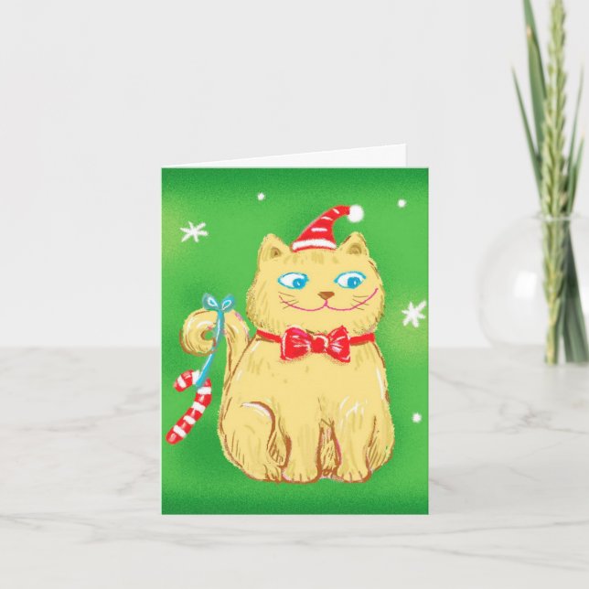 Cartão De Festividades Gato de Natal de Cartoon Bonito com Papai Noel (Frente)
