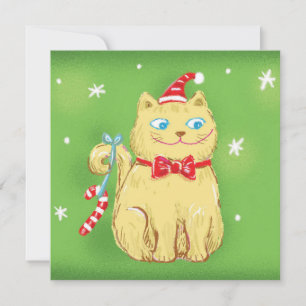 Cartão De Festividades Gato de Natal de Desenho Animado Fofo com Chapéu d