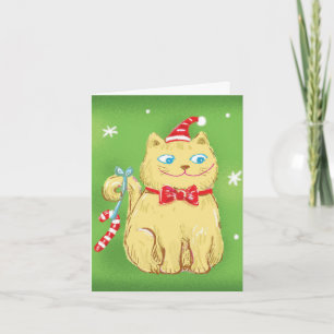 Cartão De Festividades Gato de Natal de Desenho Animado Fofo com Chapéu d