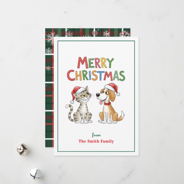 Cartão De Festividades Gato de Natal e Cachorro Bonitos com Chapéus Santa (Frente/Verso In Situ)