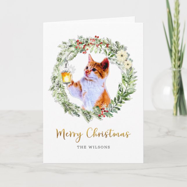 Cartão De Festividades Gato de Natal em Wreath com lanterna (Frente)