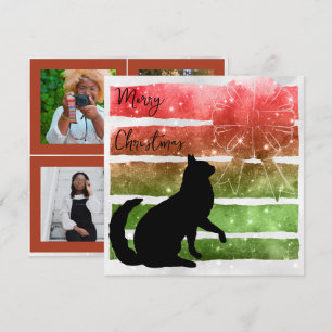 Cartão De Festividades Gato de Natal, faixas de vermelho e verde brilhant