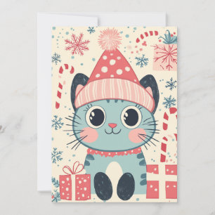 Cartão De Festividades Gato de Natal Fofo Presentes de Cana de Açúcar Tex
