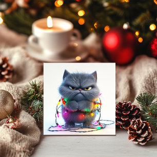 Cartão De Festividades Gato de Natal rabugento com Luzes Coloridas