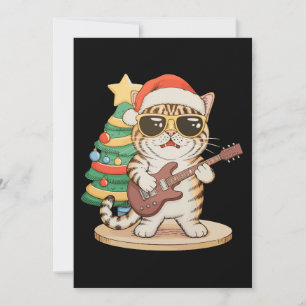Cartão De Festividades Gato de Natal Tocando Guitarra Rock Jazz Chapéu de