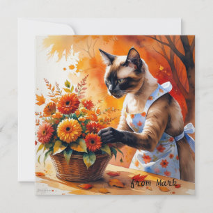 Cartão De Festividades Gato de outono com Flores - Saudação de Fall Seaso